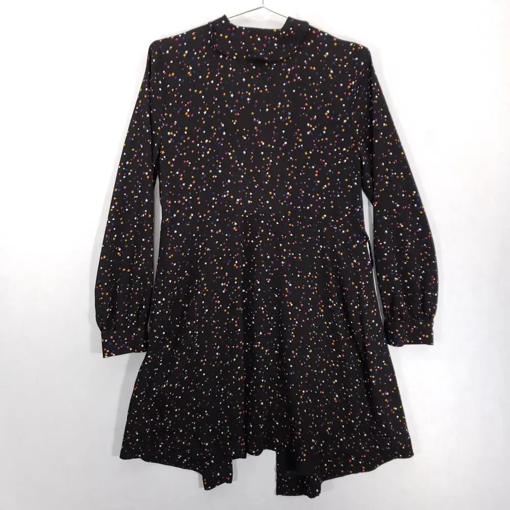 Popsugar Wrap Dress Womens Medium Black Multicolor‎ Stars Ruffle Neck Lined Mini